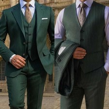 Spring Summer Green Men's Striped Suits 3 Pieces for Wedding Business Banquet