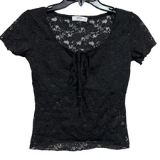 Wild Love Shirt Size S Black Lace Sheer Tie Front Short Sleeve Floral Whimsigoth
