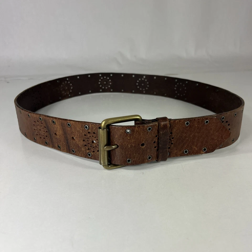Cinturón ancho de cuero genuino American Eagle marrón perforado y tachonado - talla 34 Foto 2 de 4