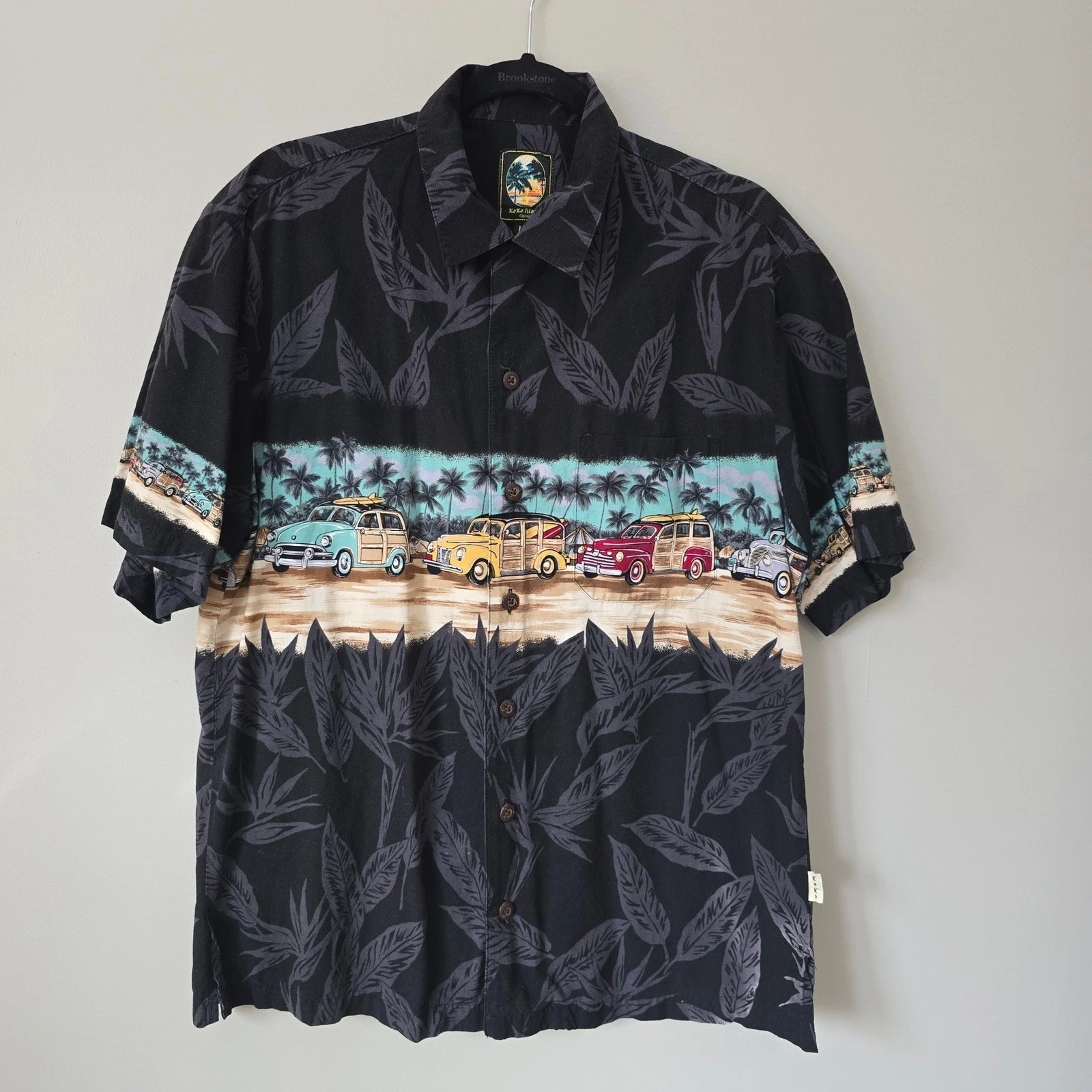 Koko Island Classics Mens L Hawaiian Shirt Woodie Car Surf Tropical Black Cotton