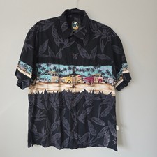Koko Island Classics Mens L Hawaiian Shirt Woodie Car Surf Tropical Black Cotton