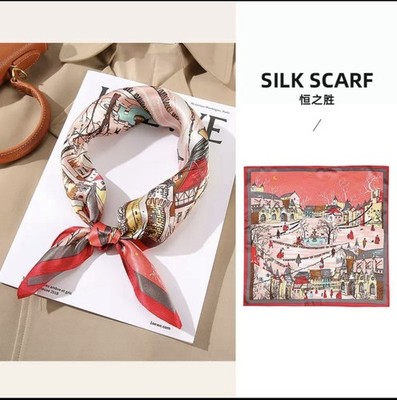 Women s Silk 100% 53*53cm Square Scarf Red Pink Multicolor Scenic City Print
