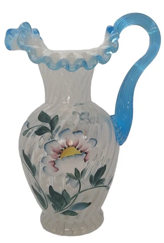 Fenton 1995 Swirl Turquoise 90th Anniversary Pitcher Vase Hand Painted & Signed