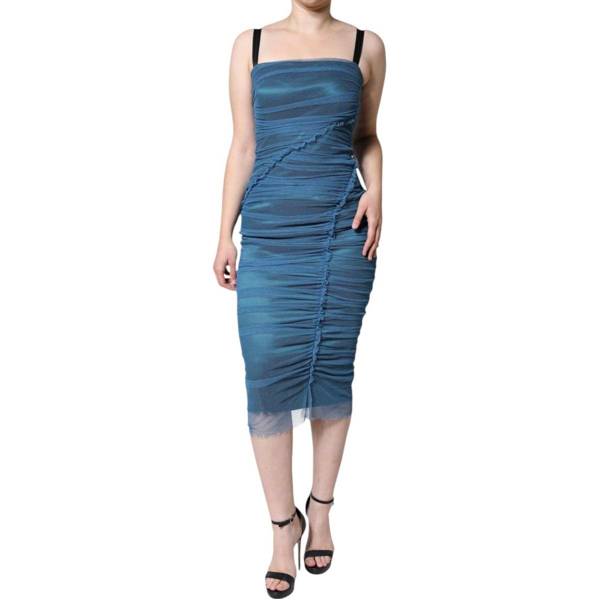 DOLCE & GABBANA Dress Blue Mesh Trim Ruched Tulle Sheath IT42/US8/M RRP  2800usd