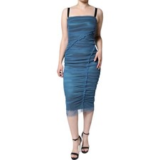 DOLCE & GABBANA Dress Blue Mesh Trim Ruched Tulle Sheath IT42/US8/M RRP 2800usd