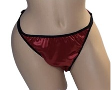 Red Shiny Satin Black Trim Glossy String Bikini Sissy Panties Womens