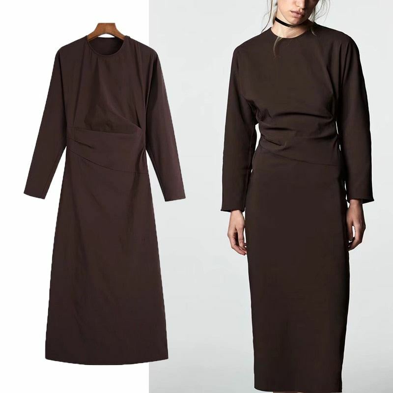 Women Mid-Calf Pleated Dress Spring 