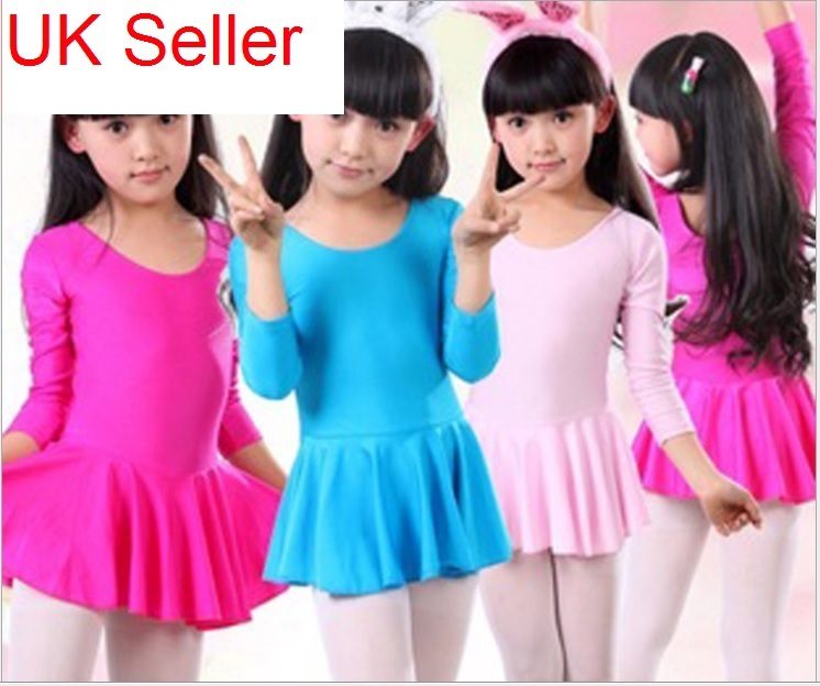 Vendedor del Reino Unido Nuevo Niñas Bonito Spandex Ballet Danza Leotardo con Falda 100-150cm 3064A