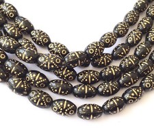 24 Vintage Trade Opaque Oval Black w/Gold Decor Czech Bohemian Glass beads