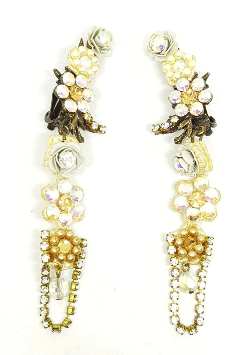 Orecchini Michal Negrin Fatti A Mano Con Cristalli E Fiori &ndash; Clip-On Colorati &ndash; Israele