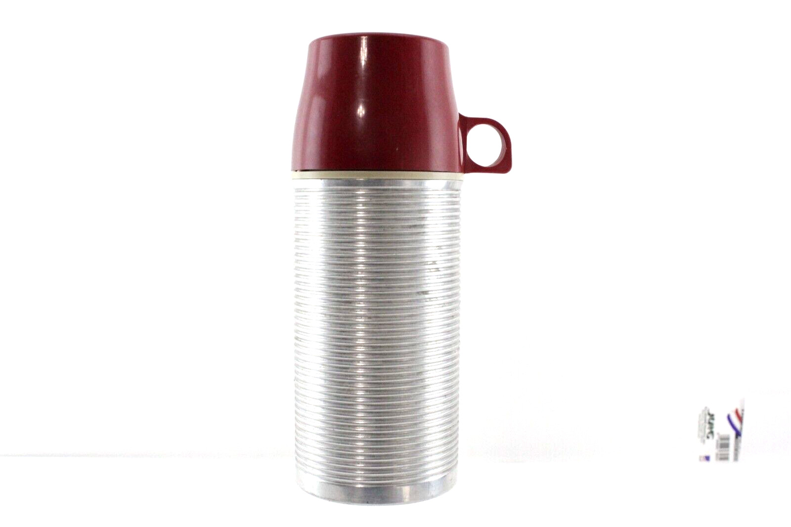 Brand Glass-lined, Alum. Ringed Thermos W/ Red Cup Pint Size
