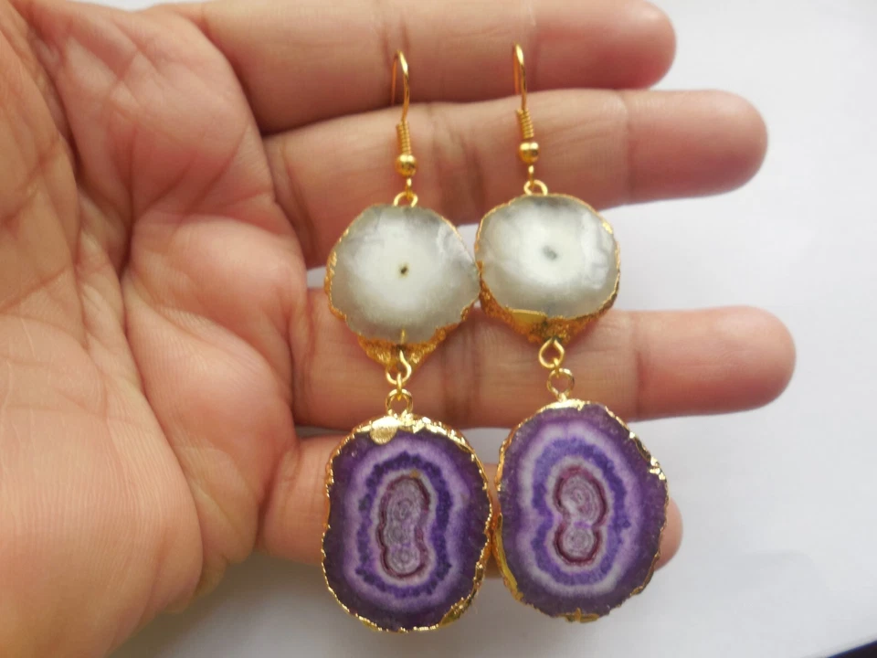 Pendientes Druzy Rebanada Púrpura, Pendiente Rebanada Solar, Joyería Natural, Pendiente Druzy Foto 4 de 4
