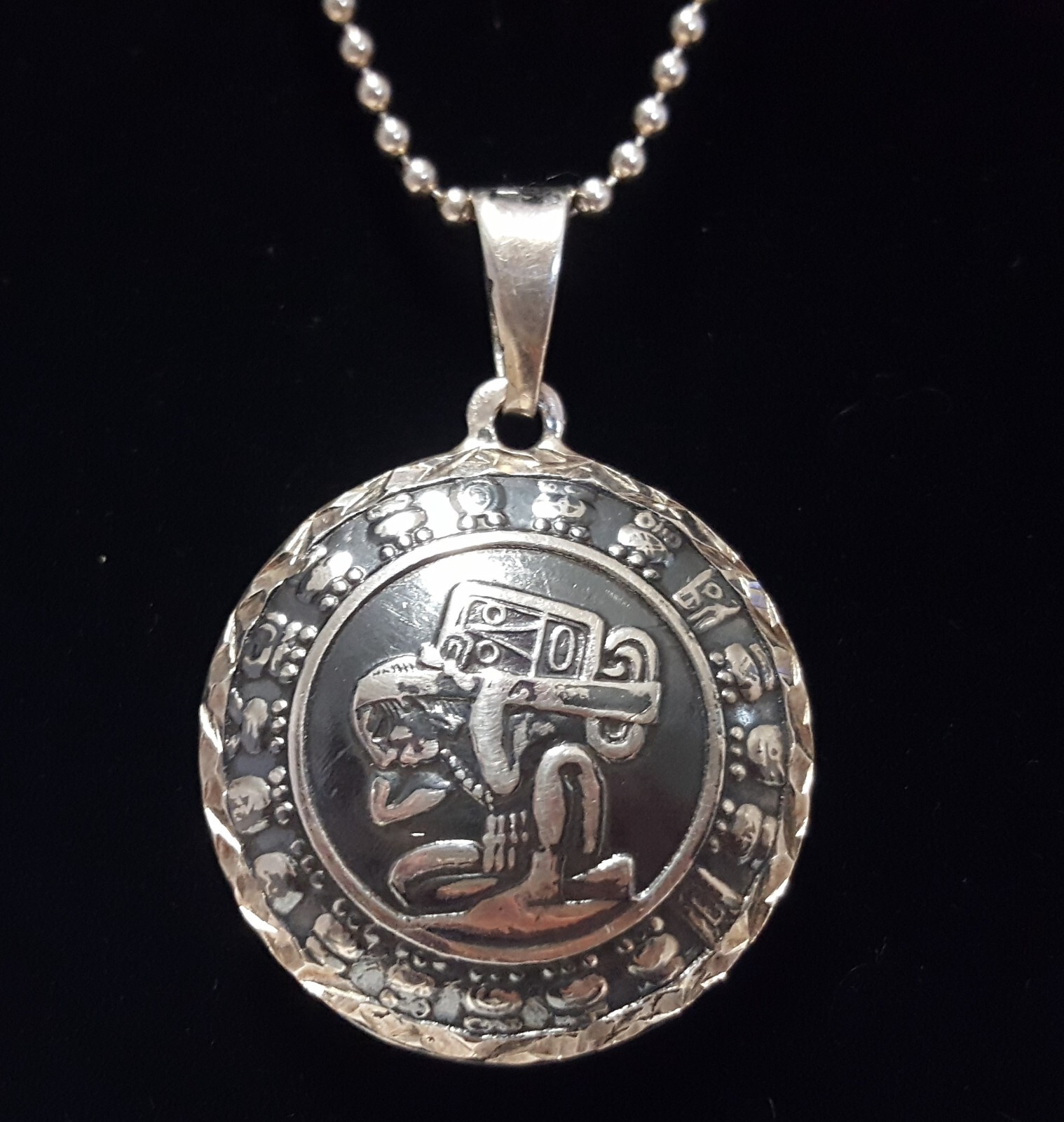 Mayan Calendar Time Carrier 950 Silver Pendant Necklace Reversible 925 Chain 24