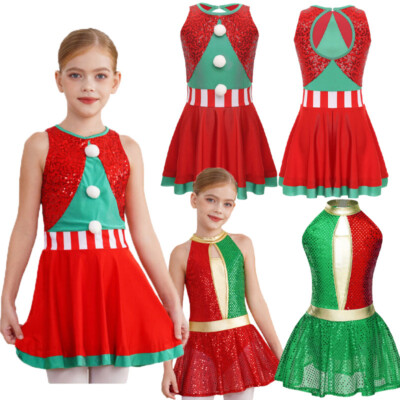 Kids Girls Christmas Santa Elf Dance Costumes Sequins Sleeveless