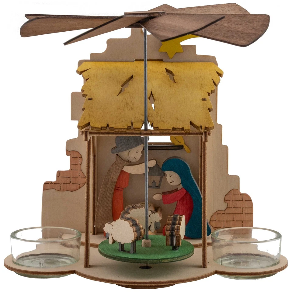 HOBAKU - DRECHSLEREI KUHNERT GMBH Bastelset Kuhnert Fensterbild Pyramide und Krippe aus Holz zum Zusammenbauen Set