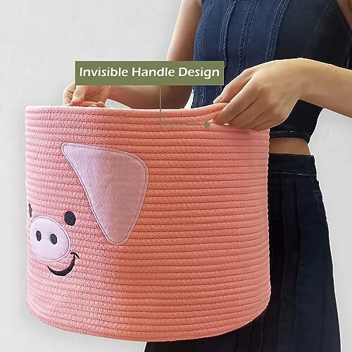 Cestas de animais cesta de armazenamento de corda de algodão cesta de brinquedo tecido grande rosa rosa porco - Imagem 3 de 4