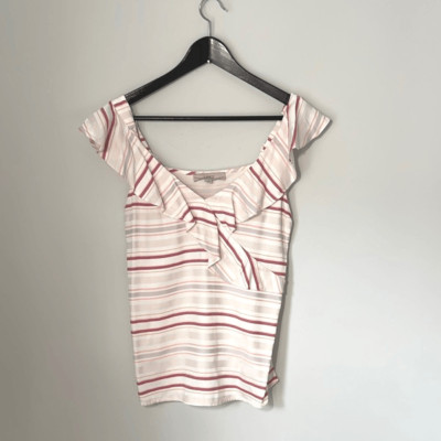 LOFT Women's Striped Ruffle Blouse Flutter Sleeve Rayon Pink Size Small Petite