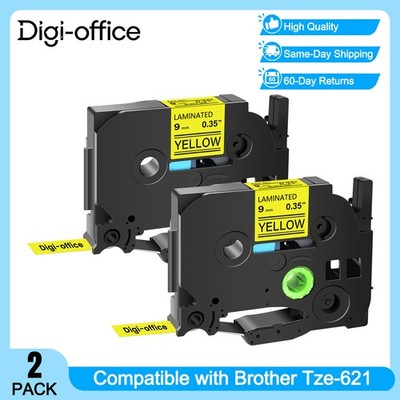 2PK Compatible with Brother PT-D210 TZ621 TZe621 9mm Black on Yellow Label Tape