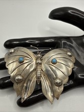 VTG Huge Mexico Sterling Silver W/ Turquoise Butterfly Brooch. 26.8 Grams.