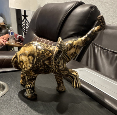 Elephant Figurine Trunk Up Brown/Black Animal Print Pattern Decorative Sculpture