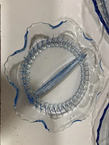 New Martinsville Radiance Ice Blue Two Part Ruffled Relish Bowl Depression Mint