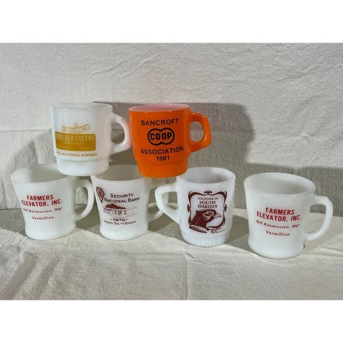 6 x Vintage South Dakota Anchor Hocking Fire King Mugs Cup White Milk Glass