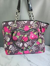 Betsey Johnson Skull Roses Print Large Tote Bag Chain Strap Purple Y2K Goth 2000