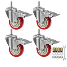 Swivel Stem Casters, Heavy Duty Double-Locking Castors with Red PU Wheels Qui...