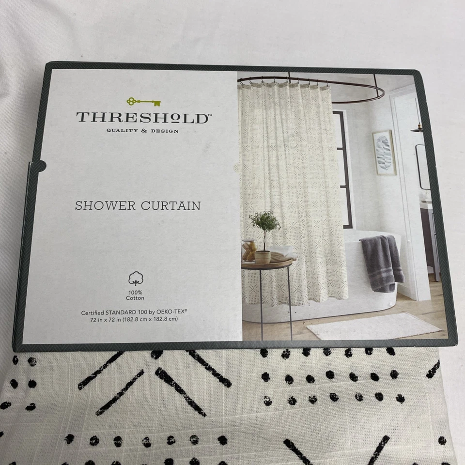 Threshold Shapes Shower Curtain Sour Cream 100% Cotton Buttonhole Dots Lines - Image 4 of 4