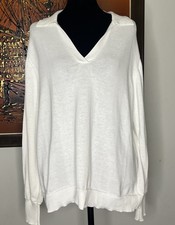 Vince Camuto Women s White V Neck Collared Cotton Blend Pullover Knit Sweater L