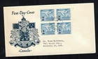 Canada #430, 1964 8¢ Surcharge Jet block of 4, Unknown Crest cachet FDC