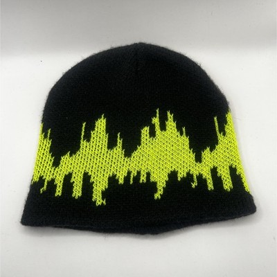 Nice Caps Youth Beanie Hat Black Neon Lime Green Graphic Wave Knit Y2K Gorpcore