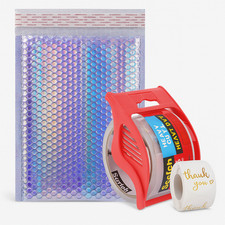 25 Holographic Bubble Mailers 6.5x10 +3M Scotch Tape + 50 Thank You Stickers Set