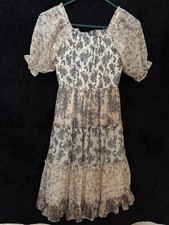 Rare Editions Girls Size 12 Boho Smocked Puff Sleeve Midi Dress Gold Detail