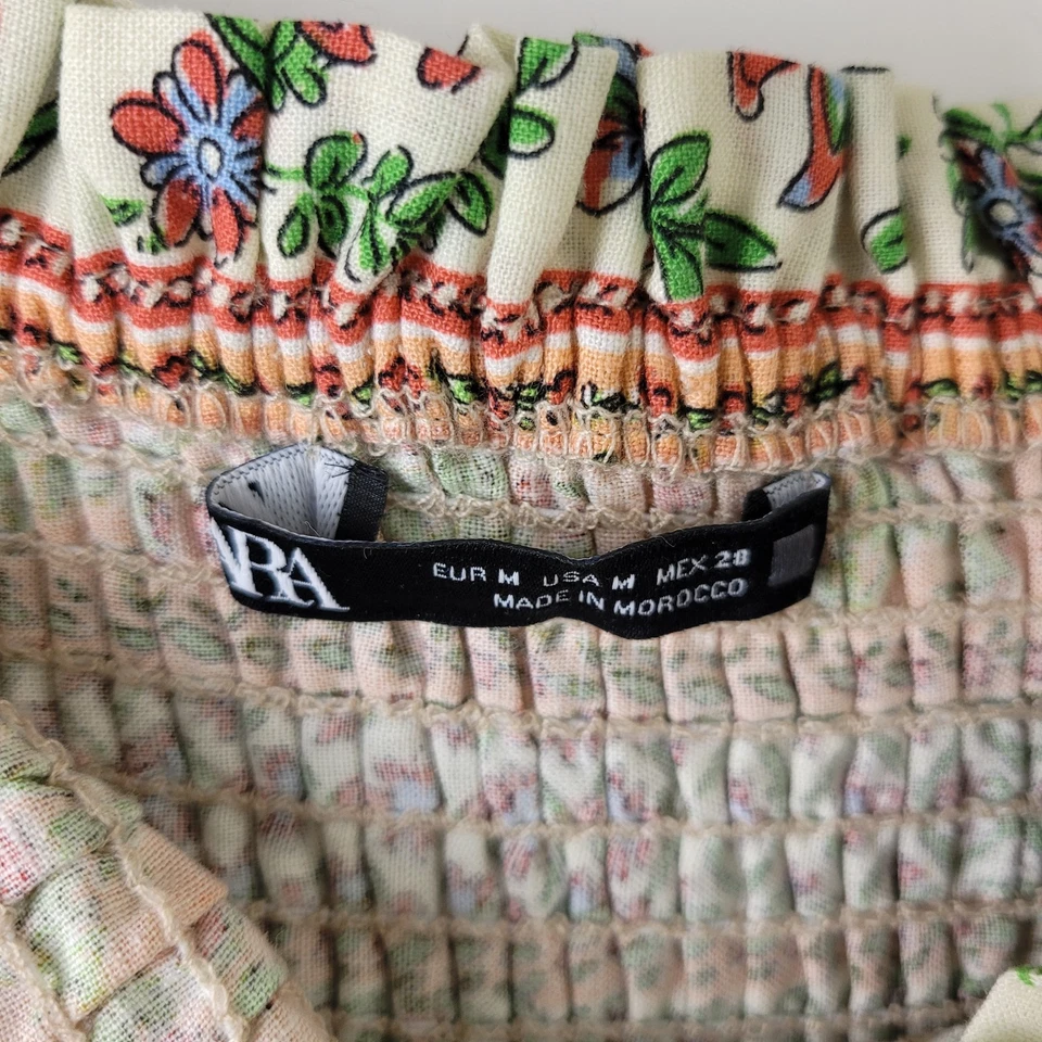 Zara Women Size M Coloured Floral Linen Blend Smocked Top Blouse Summer Casual - Image 3 of 4