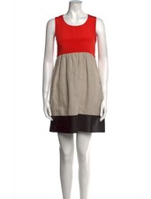 CELINE x Phoebe Philo Colorblock Silk Linen High Neck Leather Trim Mini Dress 36