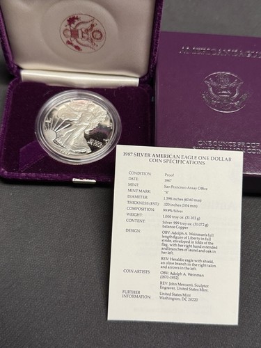 1987 GEM PROOF American Silver Eagle Dollar mit Box + CoA, ASE 1 $ Bullion 1 oz USA