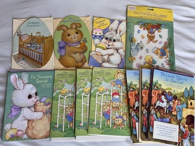 Vintage Easter Cards, Lot Of 10 and Egg Holders Grandson Baby Sweet Girl
