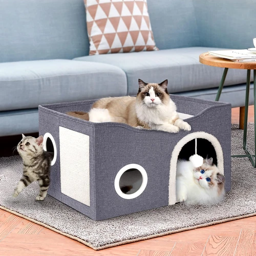 Cat House for Indoor Cats - Large Cat Bed Cave with Fluffy Ball and Scratch P... - Picture 7 of 8