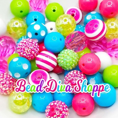 Set of 24 - 20mm - AQUA / HOT Pink / Lime / YELLOW - Bead Mix - Bubblegum -