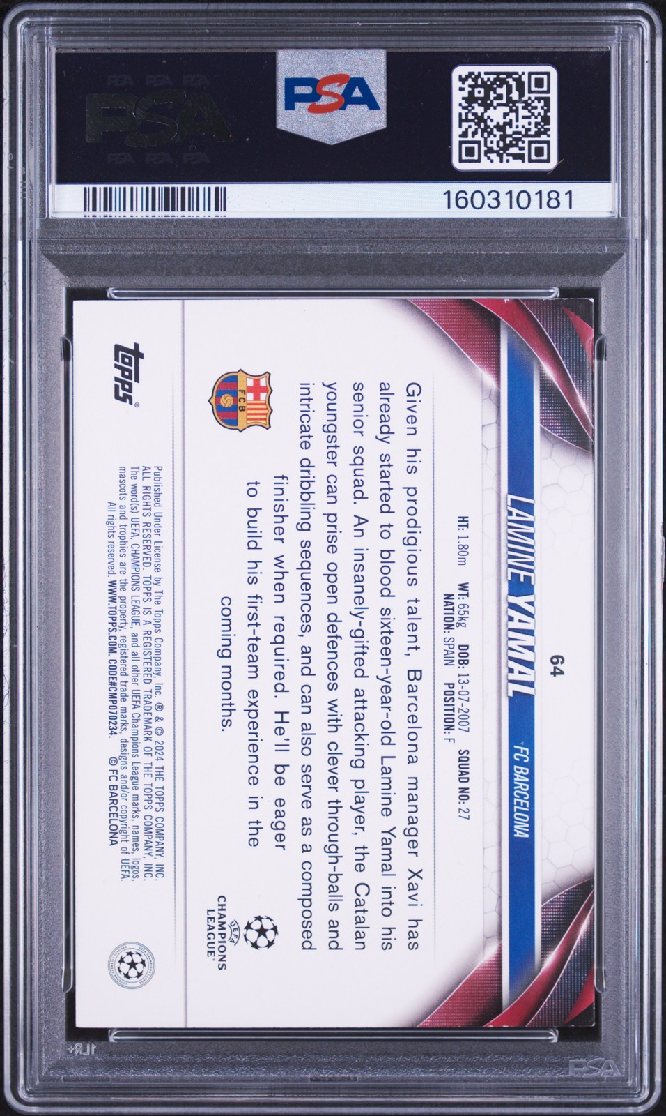 2023-24 TOPPS UEFA CLUB COMPETITIONS INFERNO FOIL #64 LAMINE YAMAL ROOKIE PSA 5 view 2