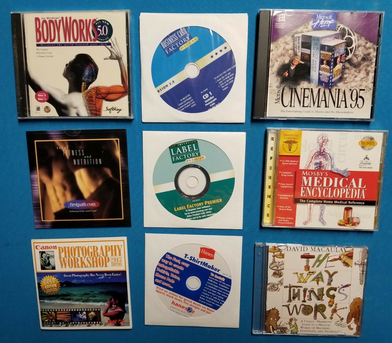 Lot of 9 Retro PC/MAC CDs Body Works Business Card Label Cinemania How It Works
