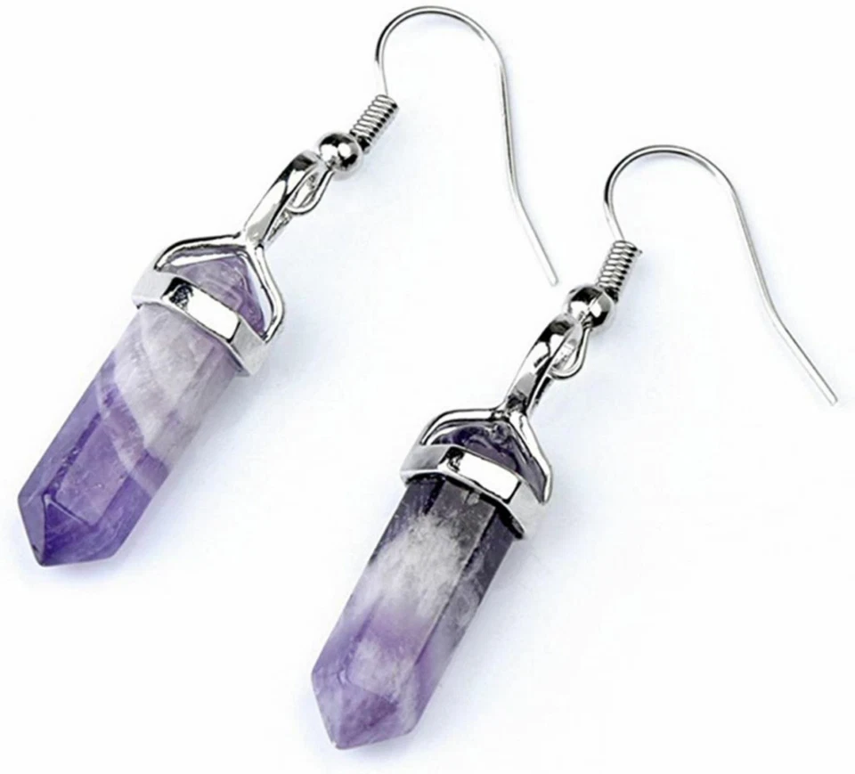Pair gemstone crystal hexagonal point Reiki Chakra dangle fashion earrings - Image 4 of 4