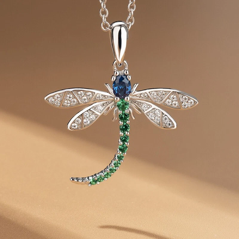 Cute 925 Silver Dragonfly Necklaces Pendant Women Cubic Zirconia Jewelry