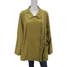 H by Halston Womens French Terry Zip Front Jacket with Pockets 3X Plus Sz Olive