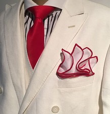 Pocket Square Handmade White With Red Stitch Borders By Squaretrapny.com