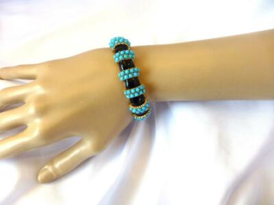 Fabulous Vintage CINER Faux Turquoise Cabochon & Black Enamel Segmented Bracelet