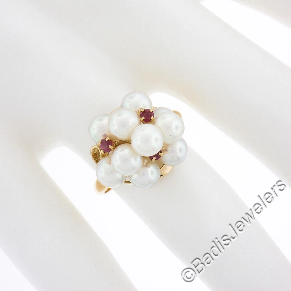 18k Yellow Gold 5mm Round Cultured Pearl & Ruby Prong Cluster Cocktail Ring - Image 3 of 4