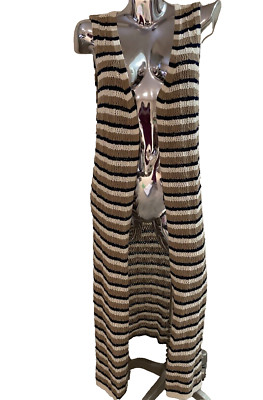 Vigoss Long Line Duster Sweater Vest Women's 1X Open Weave Crochet Striped NWOT