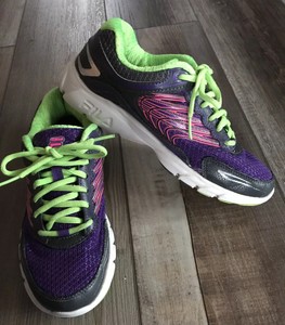 purple and lime green sneakers